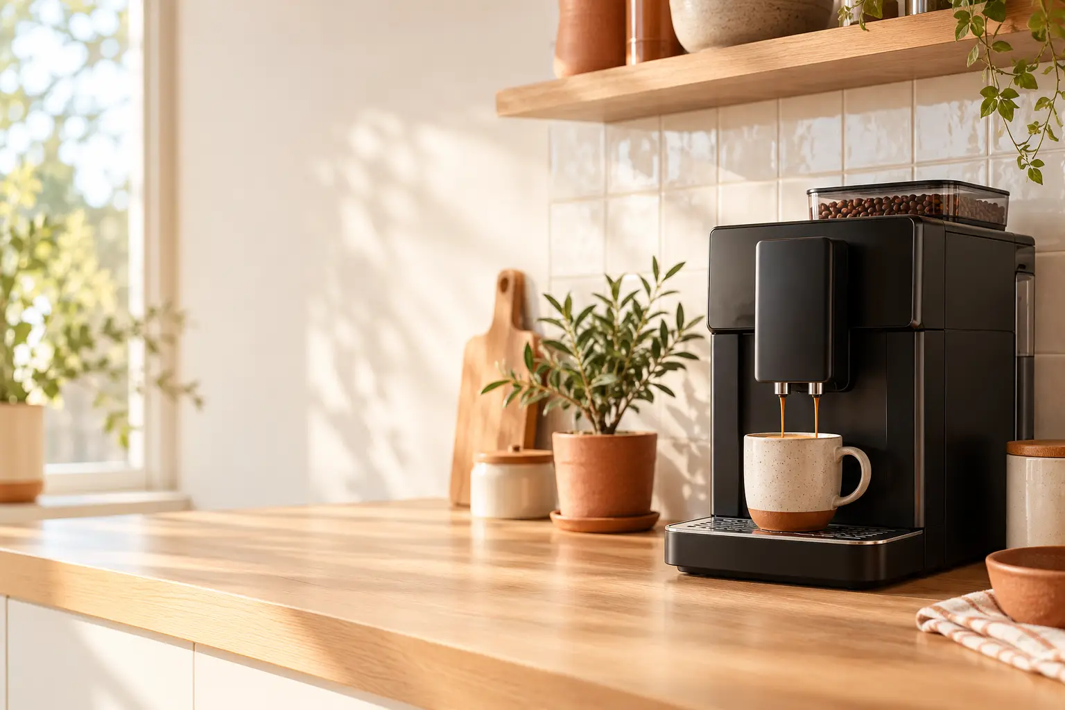 Machine à café à grain compacte dans une cuisine lumineuse
