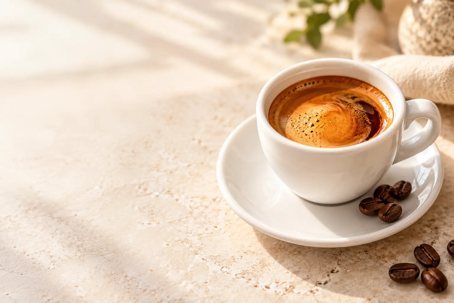 Double espresso à la crème dorée dans une tasse en porcelaine blanche