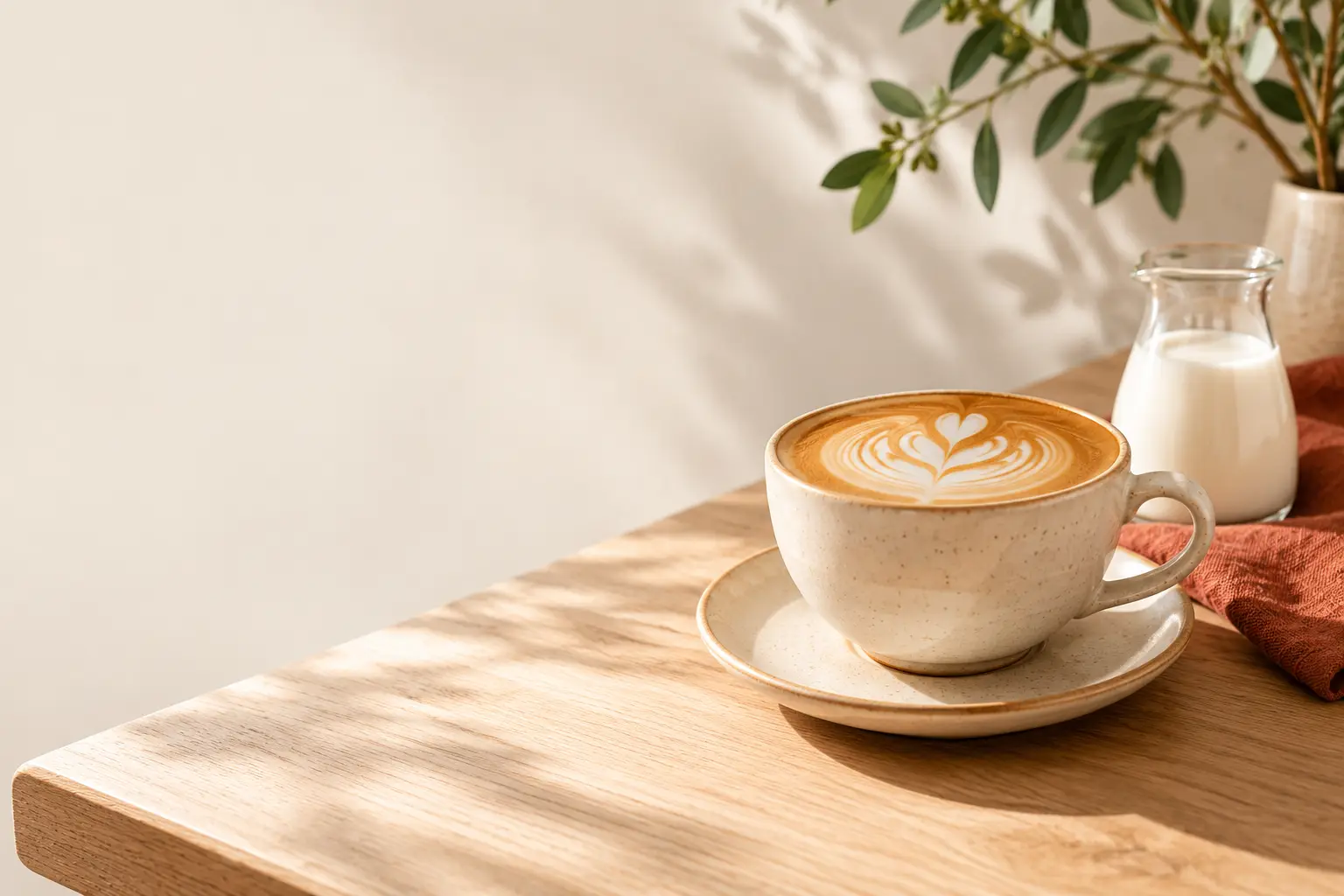Cappuccino avec un dessin de mousse de lait, à côté d’une petite carafe de lait