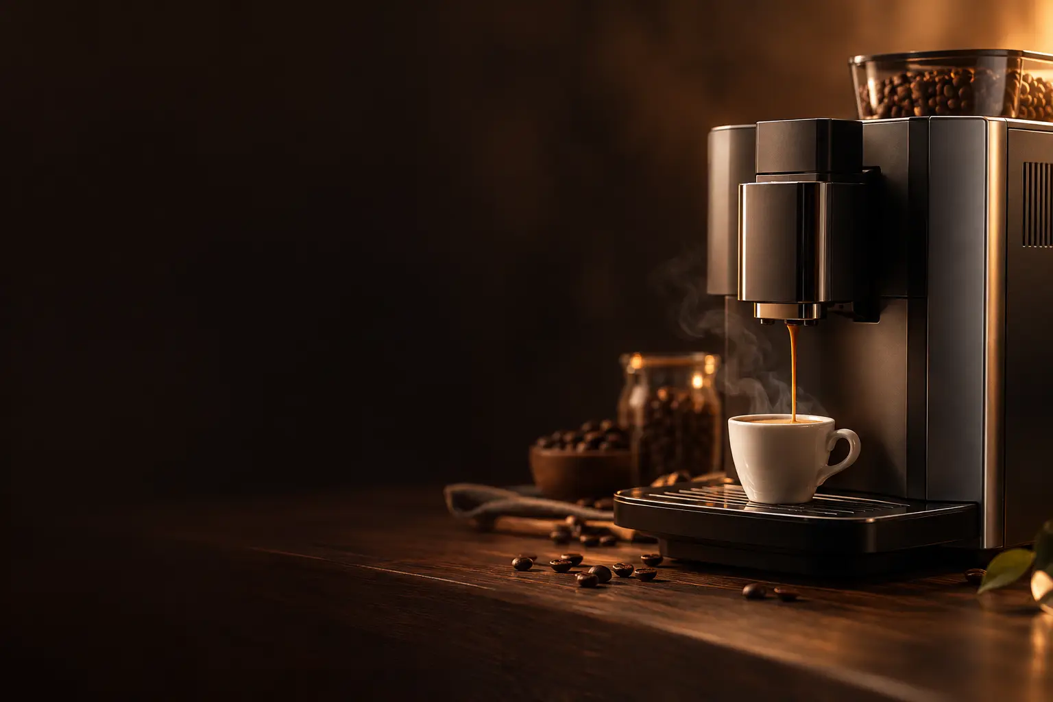 Machine à café à grain qui coule un espresso dans une tasse blanche, sur un comptoir en bois sombre