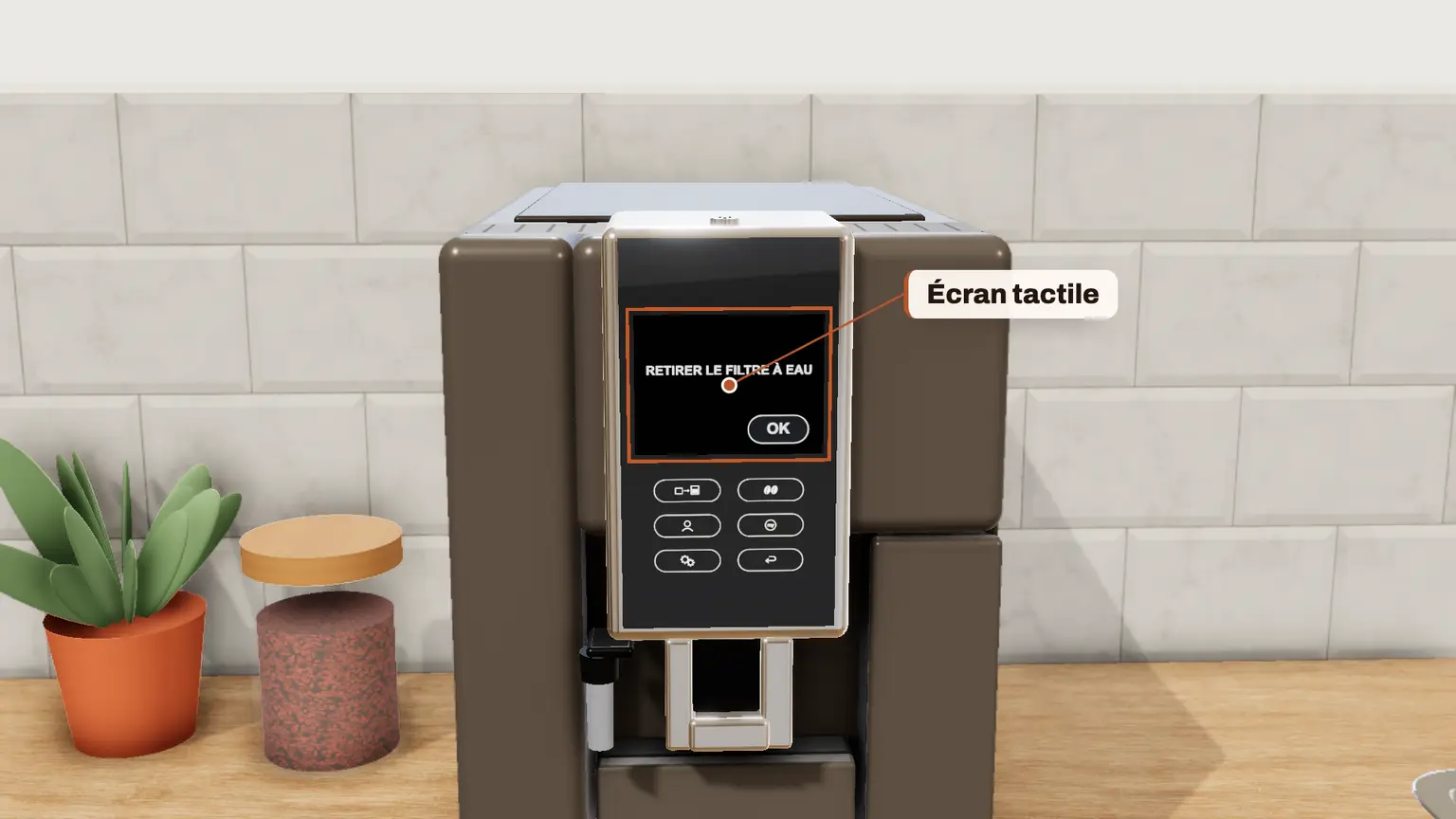 De'Longhi Dinamica Plus en 3D, étape 1 du détartrage : À l'écran « DÉTARTRAGE NÉCESSAIRE », appuyez sur OK ; ou passez par le menu (touche C3), « DÉTARTRAGE »