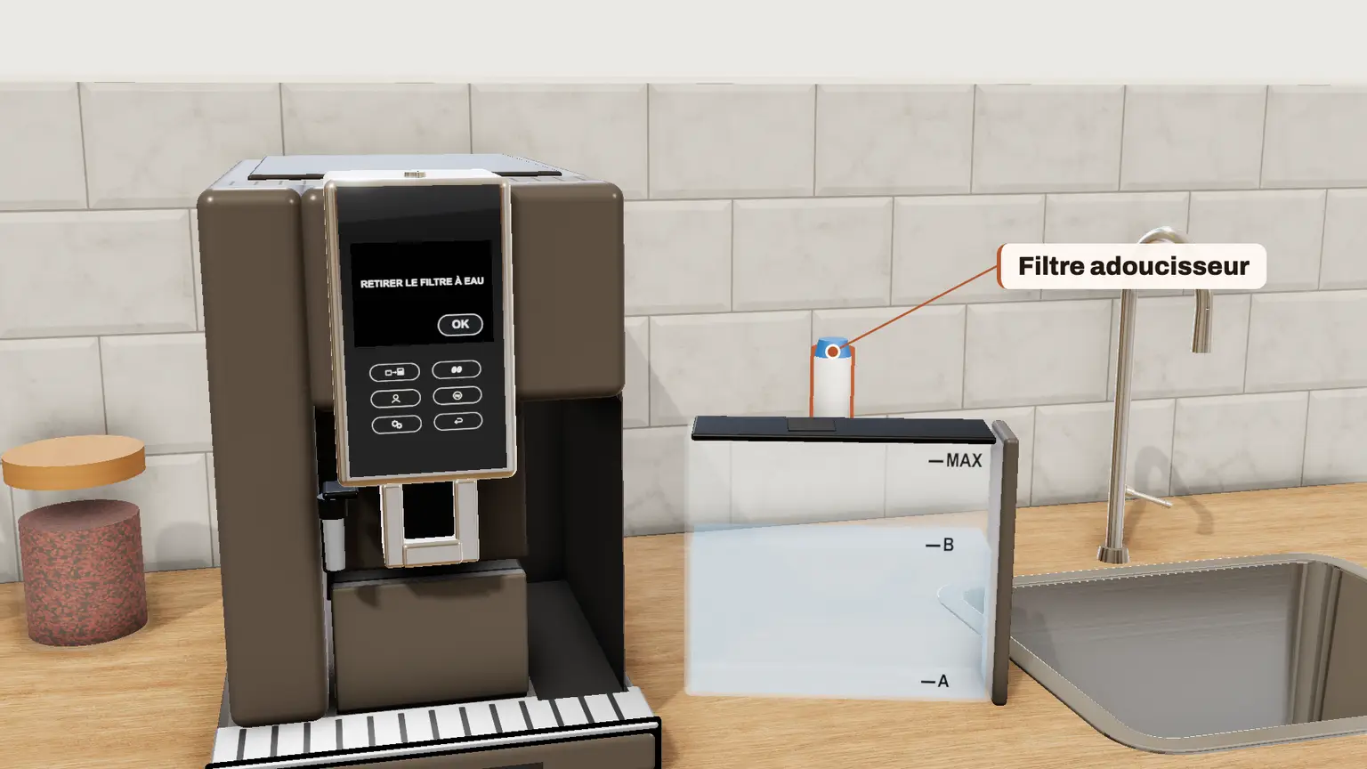 De'Longhi Dinamica Plus en 3D, étape 2 du détartrage : « RETIRER LE FILTRE À EAU » : sortez le réservoir, retirez le filtre adoucisseur s'il y en a un, videz le réservoir. OK
