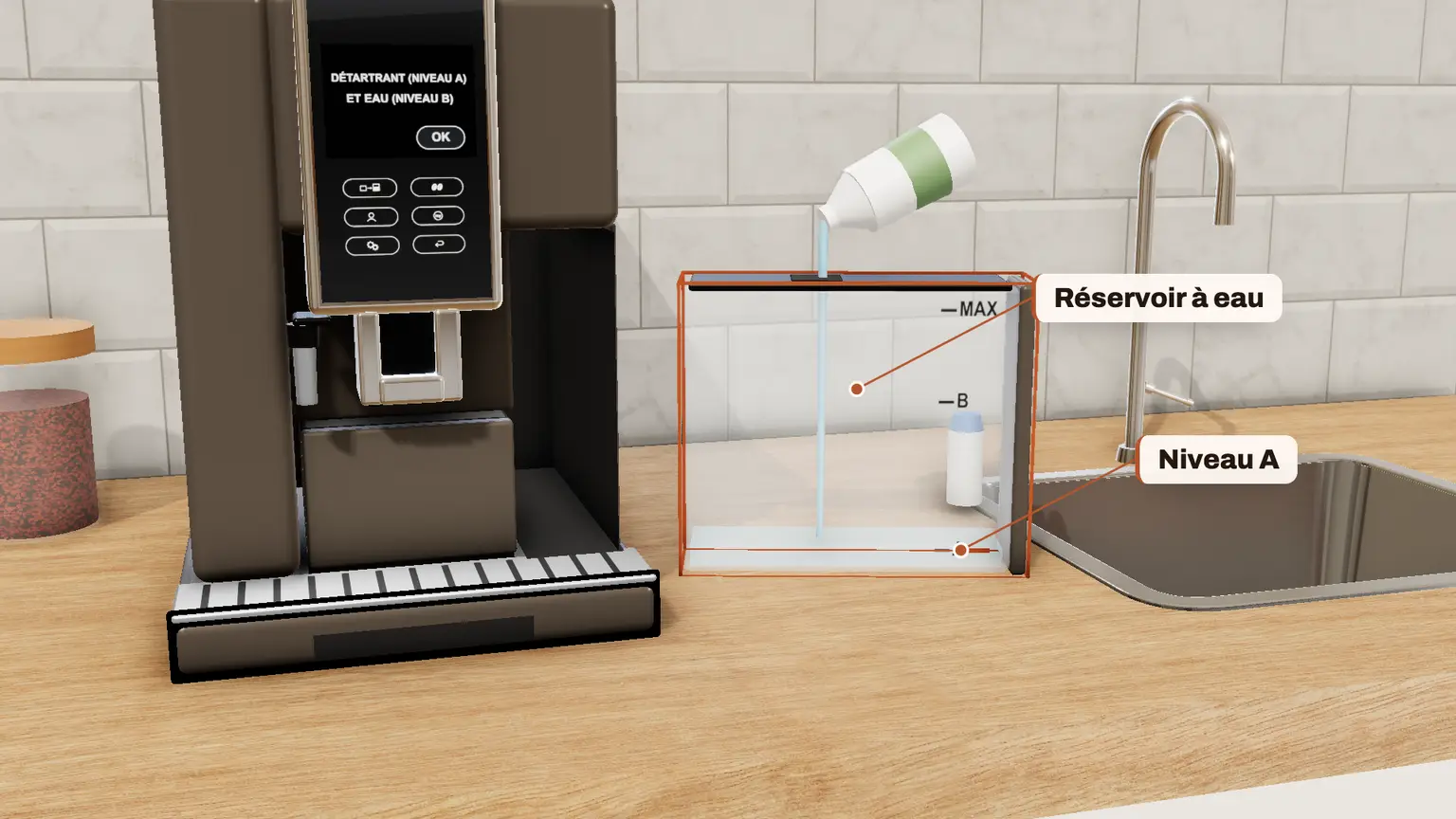 De'Longhi Dinamica Plus en 3D, étape 3 du détartrage : « DÉTARTRANT (NIVEAU A) ET EAU (NIVEAU B) » : versez le détartrant jusqu'au niveau A, puis un litre d'eau jusqu'au niveau B. Remettez le réservoir. OK