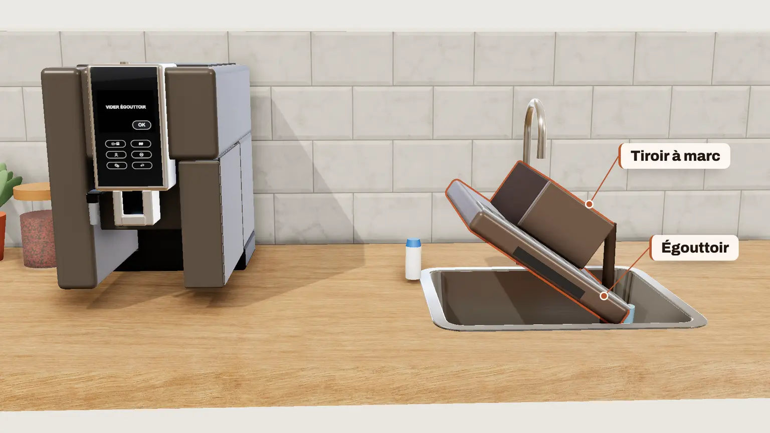 De'Longhi Dinamica Plus en 3D, étape 4 du détartrage : « VIDER ÉGOUTTOIR » : videz l'égouttoir et le tiroir à marc, remettez-les. OK