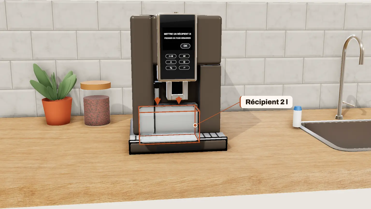 De'Longhi Dinamica Plus en 3D, étape 5 du détartrage : Placez un récipient vide d'au moins 2 litres sous la buse à eau chaude et sous le bec café, puis OK