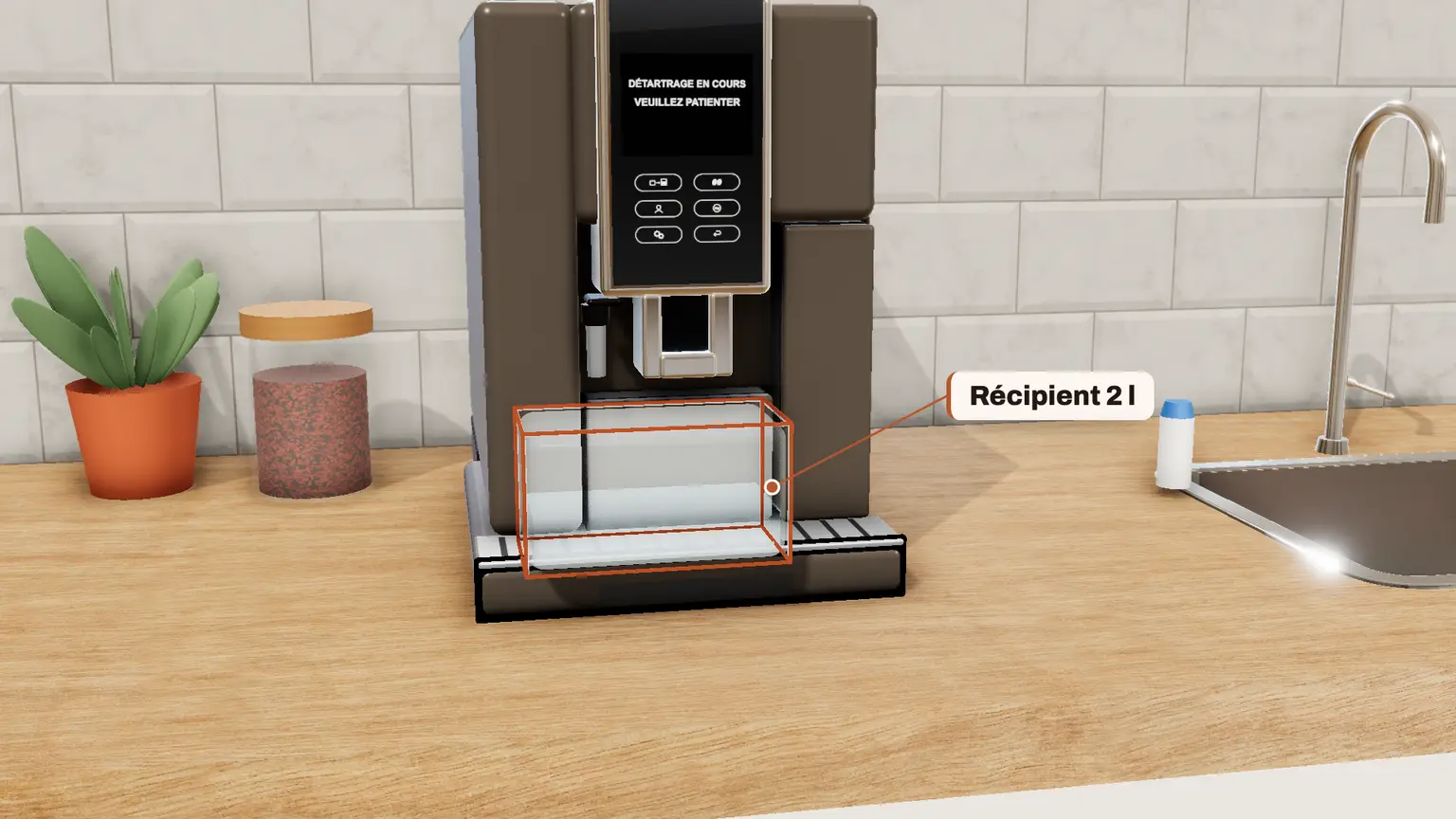De'Longhi Dinamica Plus en 3D, étape 6 du détartrage : « DÉTARTRAGE EN COURS » : laissez faire environ 25 minutes