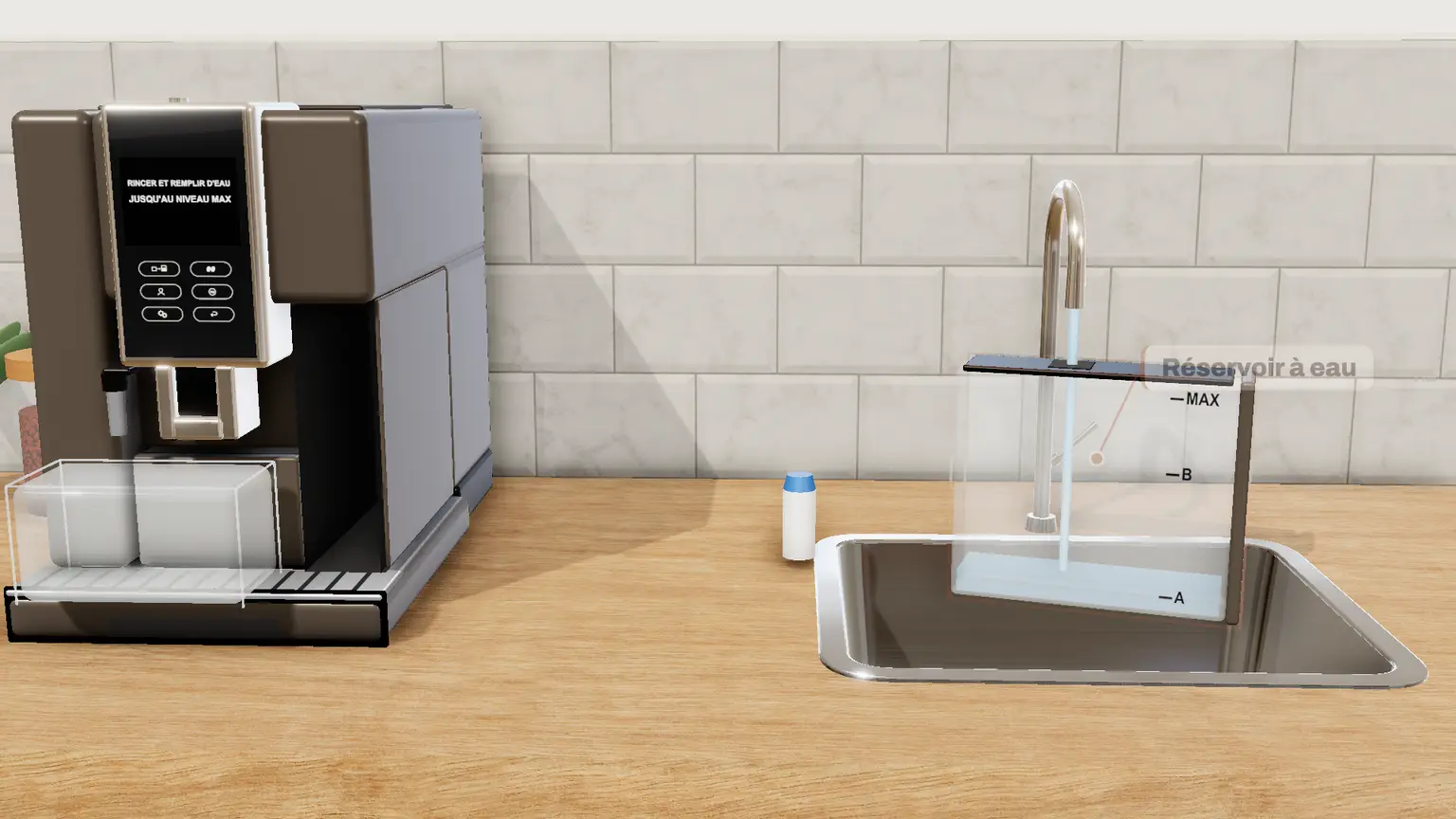 De'Longhi Dinamica Plus en 3D, étape 7 du détartrage : « RINCER ET REMPLIR D'EAU JUSQU'AU NIVEAU MAX » : videz le récipient ; sortez le réservoir, videz-le, rincez-le, remplissez-le à MAX et remettez-le