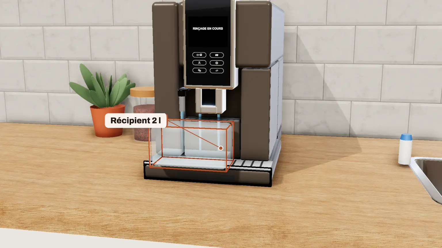 De'Longhi Dinamica Plus en 3D, étape 8 du détartrage : Replacez le récipient vide sous le bec café et la buse, puis OK : premier rinçage