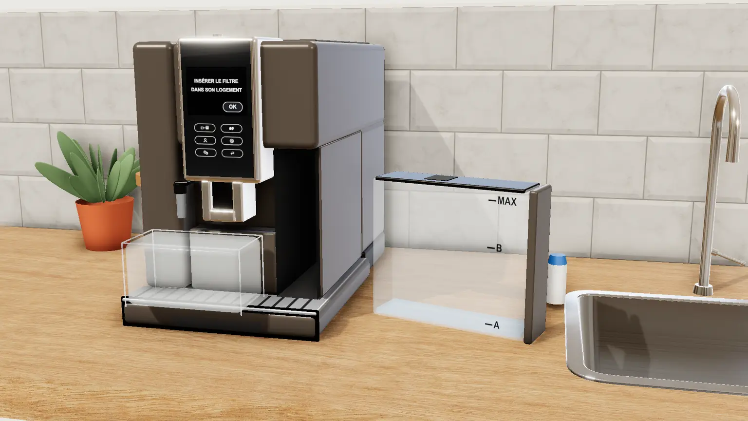 De'Longhi Dinamica Plus en 3D, étape 9 du détartrage : Quand le réservoir est vide, videz le récipient. Remettez le filtre si vous l'aviez retiré