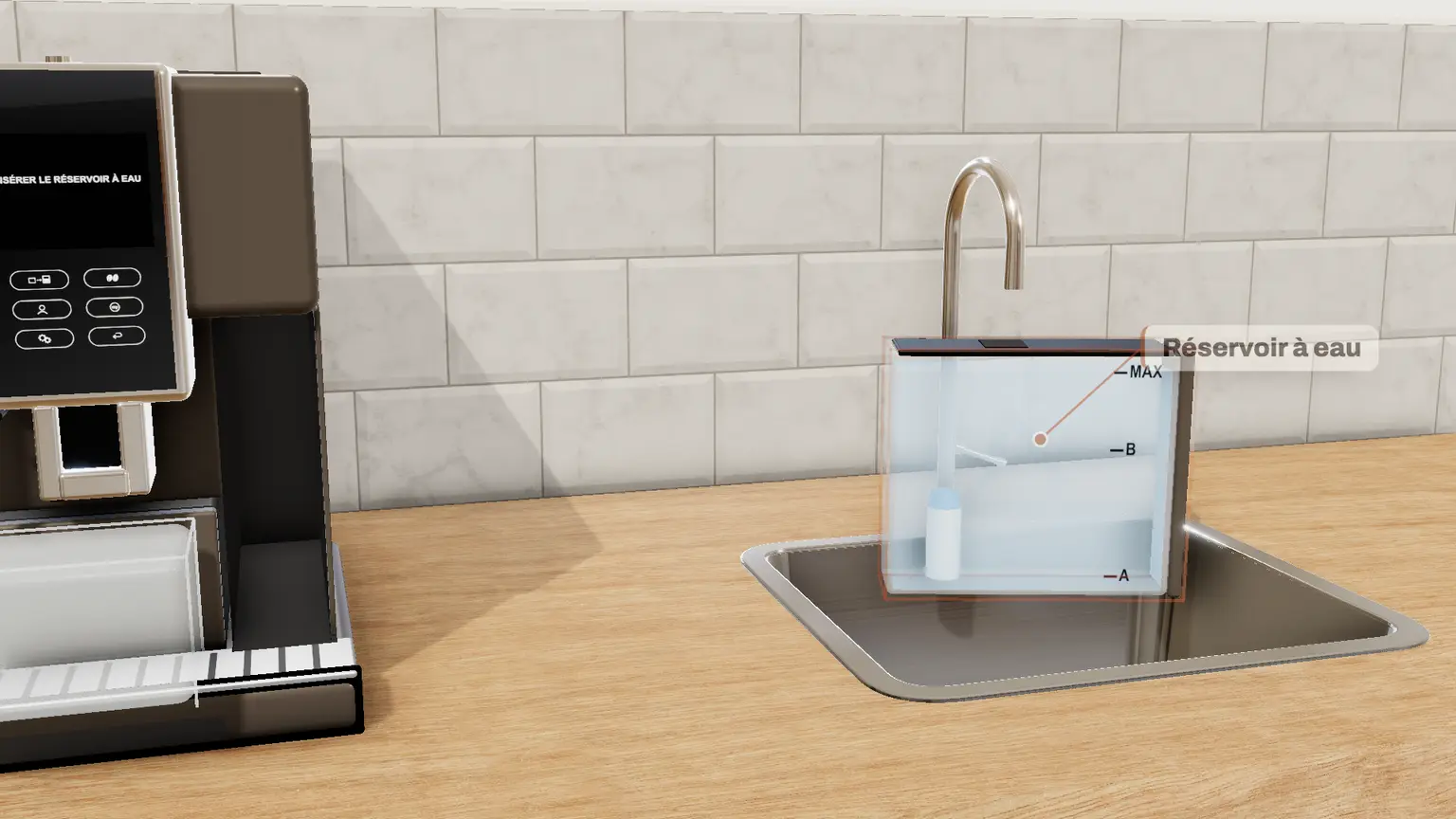 De'Longhi Dinamica Plus en 3D, étape 10 du détartrage : Remplissez le réservoir à MAX, remettez-le, replacez le récipient vide sous la buse, puis OK : second rinçage