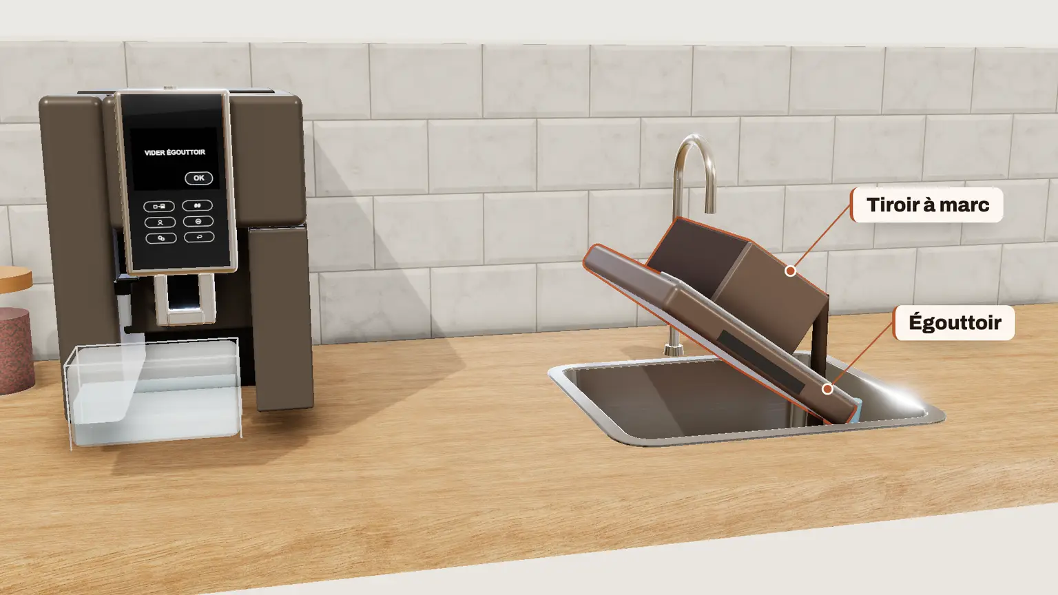 De'Longhi Dinamica Plus en 3D, étape 11 du détartrage : « VIDER ÉGOUTTOIR » : videz l'égouttoir et le tiroir à marc, remettez-les. OK