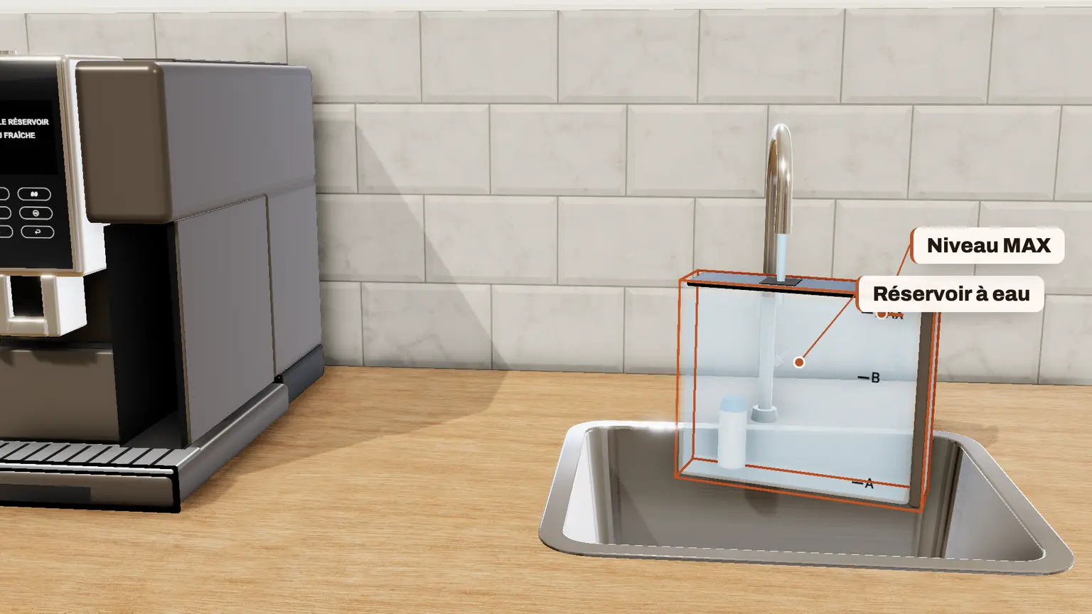 De'Longhi Dinamica Plus en 3D, étape 12 du détartrage : « REMPLIR LE RÉSERVOIR D'EAU FRAÎCHE » : videz le récipient, remplissez le réservoir à MAX et remettez-le