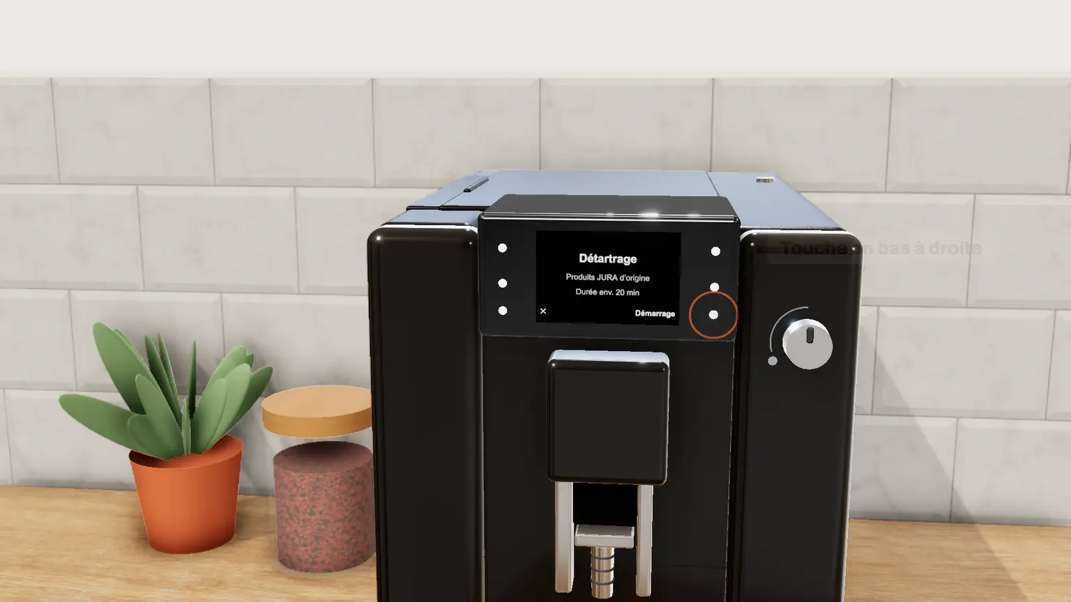 JURA E6 en 3D, étape 2 du détartrage : Appuyez sur la touche « Détartrage », puis sur « Démarrage »