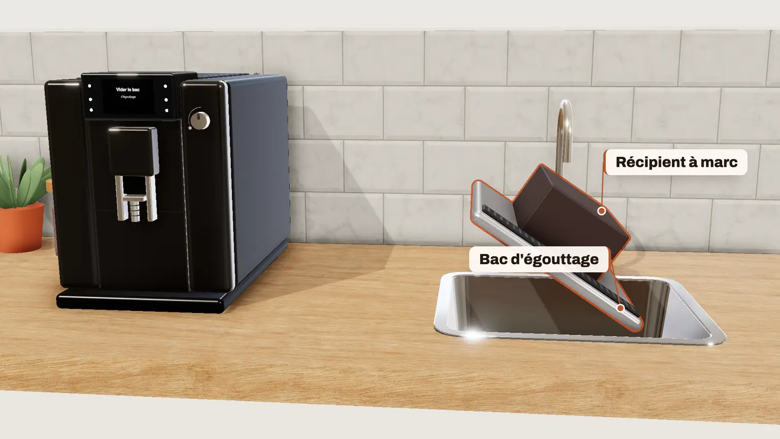 JURA E6 en 3D, étape 3 du détartrage : « Vider le bac d'égouttage » : videz le bac d'égouttage et le récipient à marc, puis remettez-les