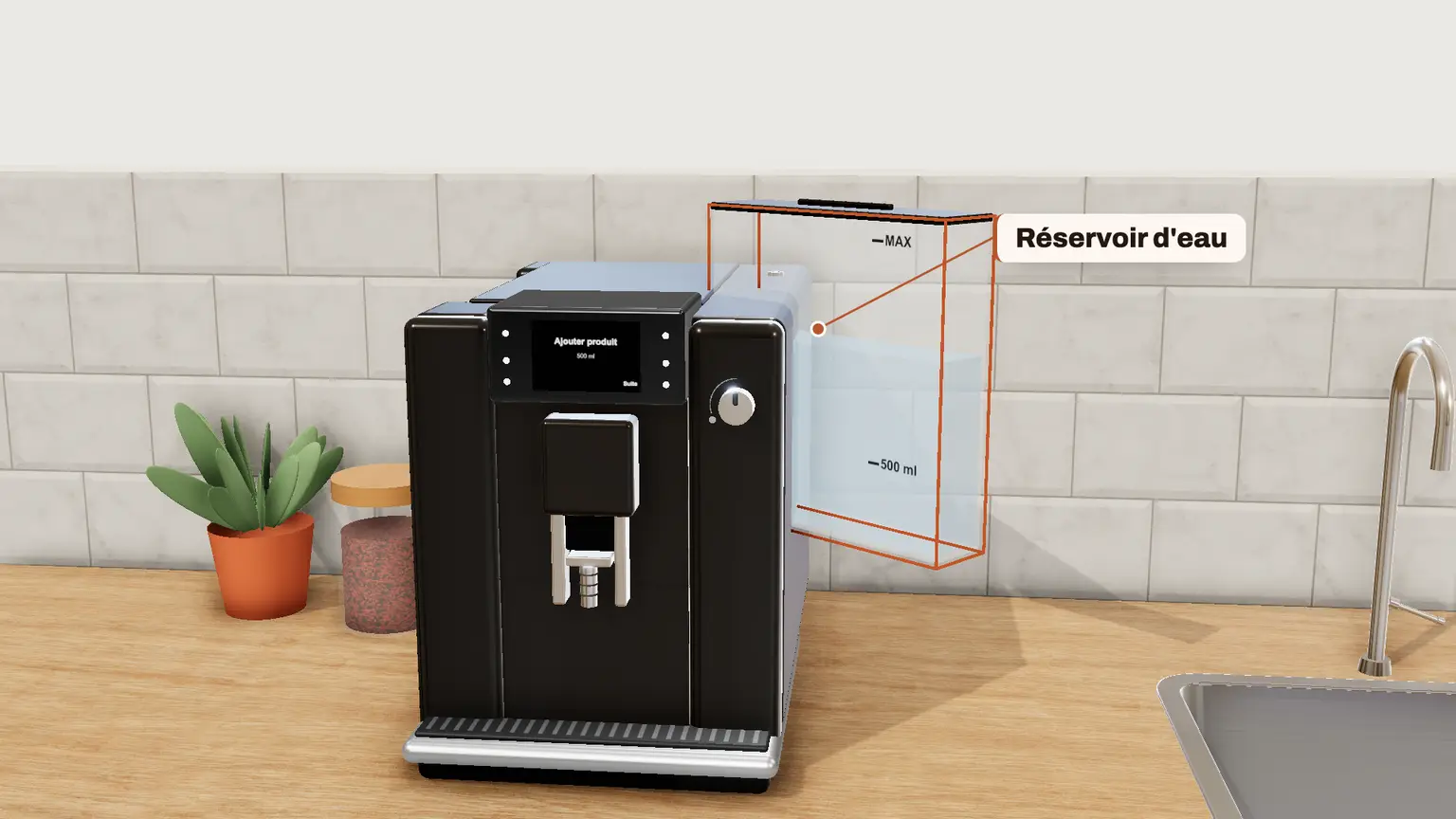 JURA E6 en 3D, étape 4 du détartrage : « Ajouter produit / 500 ml » : retirez le réservoir d'eau et videz-le