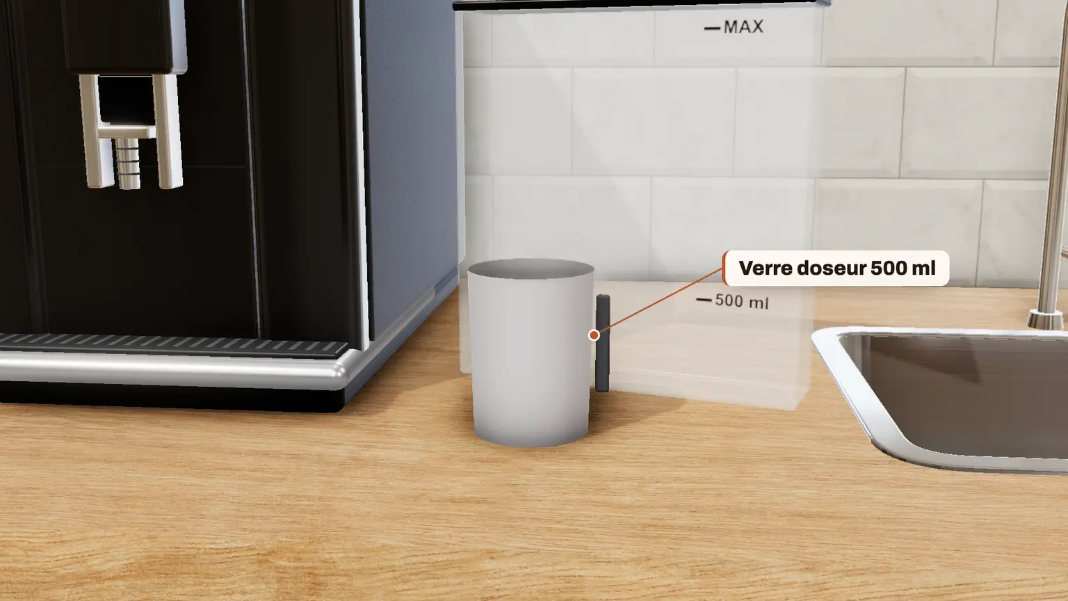 JURA E6 en 3D, étape 5 du détartrage : Dissolvez entièrement 3 tablettes de détartrage JURA dans un récipient contenant 500 ml d'eau