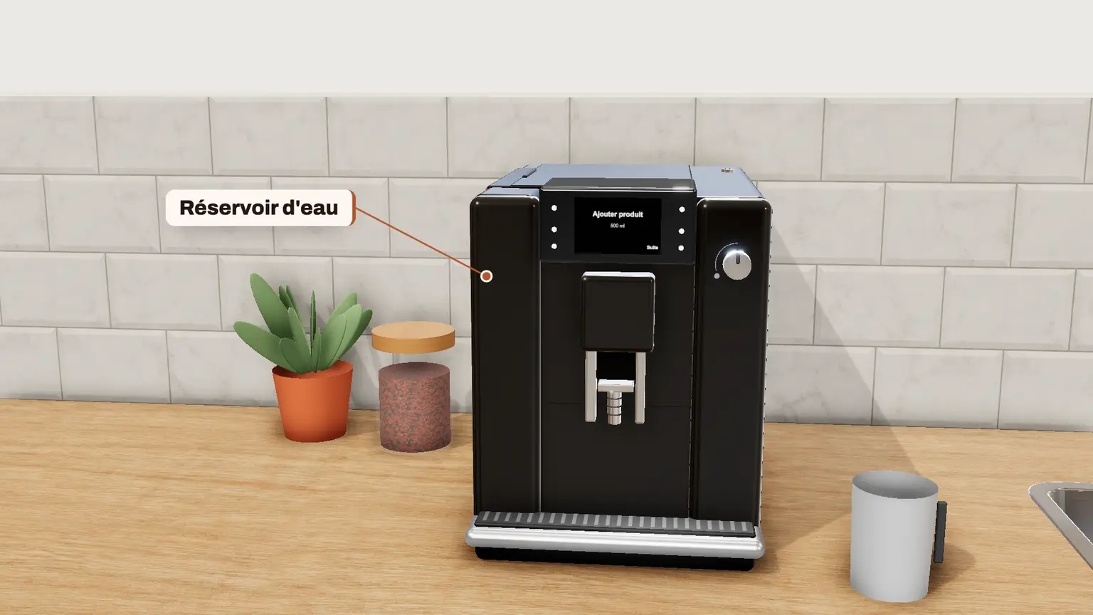 JURA E6 en 3D, étape 6 du détartrage : Versez la solution dans le réservoir vide, remettez-le en place, puis appuyez sur « Suite »
