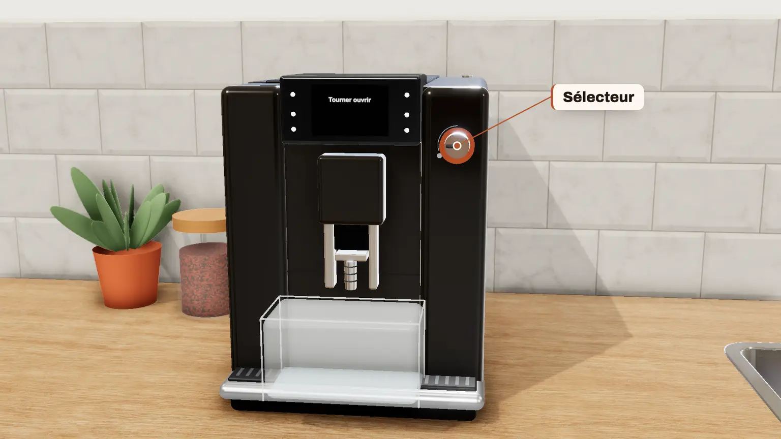 JURA E6 en 3D, étape 7 du détartrage : « Tourner ouvrir » : placez un récipient sous la buse mousse fine, puis ouvrez le sélecteur
