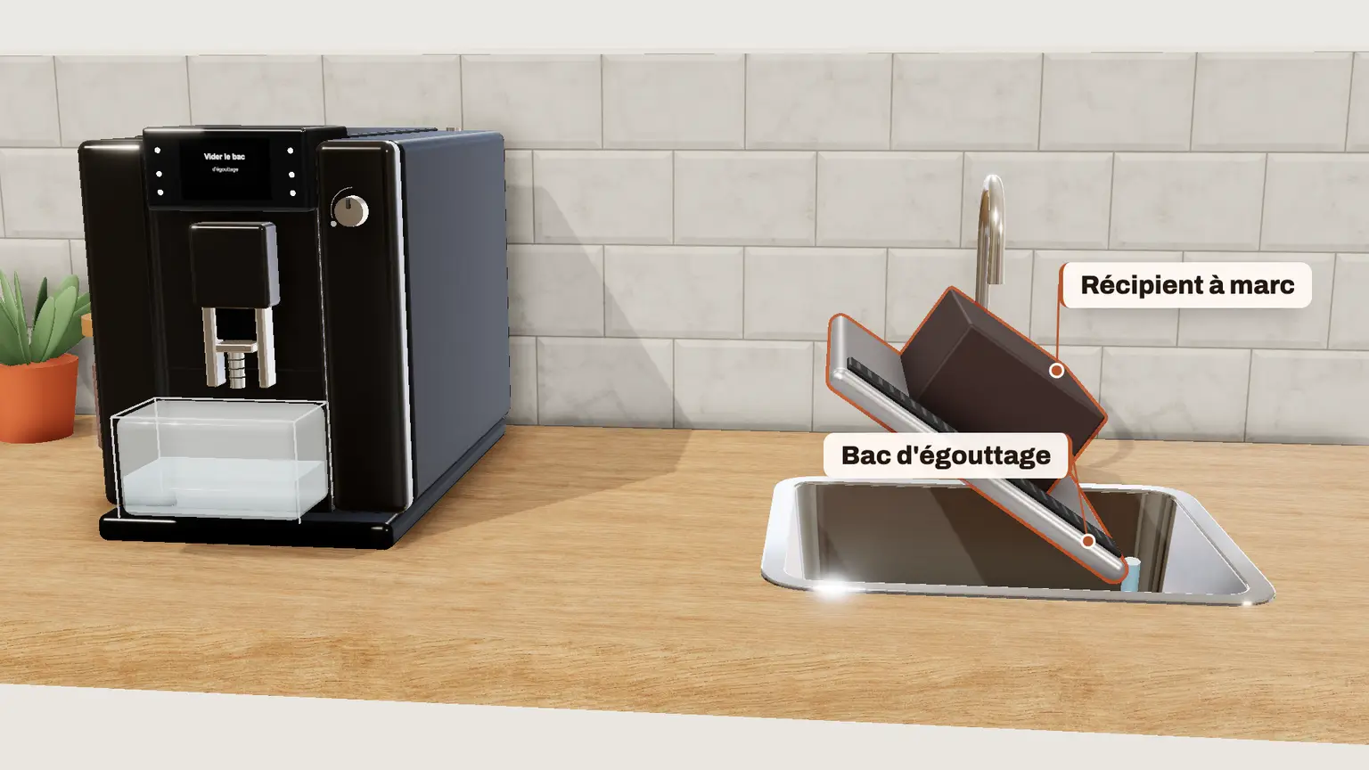 JURA E6 en 3D, étape 9 du détartrage : Videz le bac d'égouttage et le récipient à marc, puis remettez-les