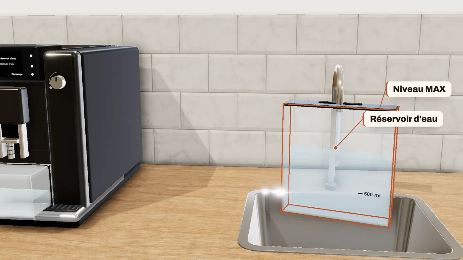 JURA E6 en 3D, étape 10 du détartrage : Retirez le réservoir, rincez-le soigneusement, remplissez-le d'eau fraîche et remettez-le