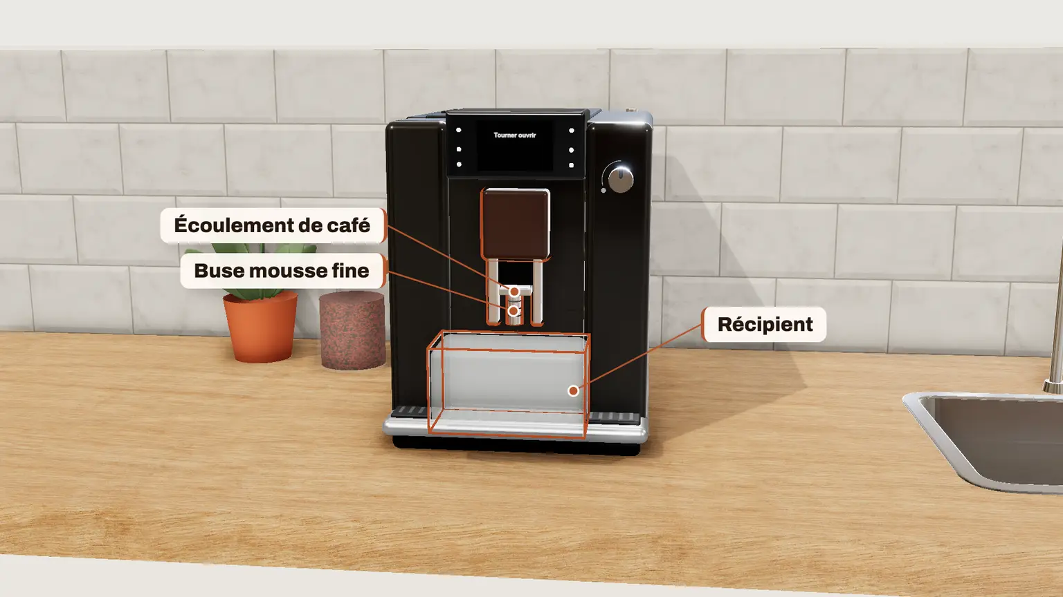 JURA E6 en 3D, étape 11 du détartrage : Appuyez sur « Démarrage ». « Tourner ouvrir » : videz le récipient et placez-le sous la buse mousse fine et l'écoulement de café