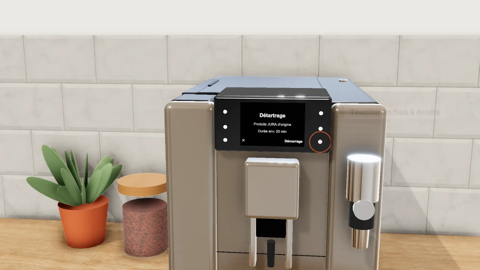 JURA E8 en 3D, étape 2 du détartrage : Appuyez sur la touche « Détartrage », puis sur « Démarrage »