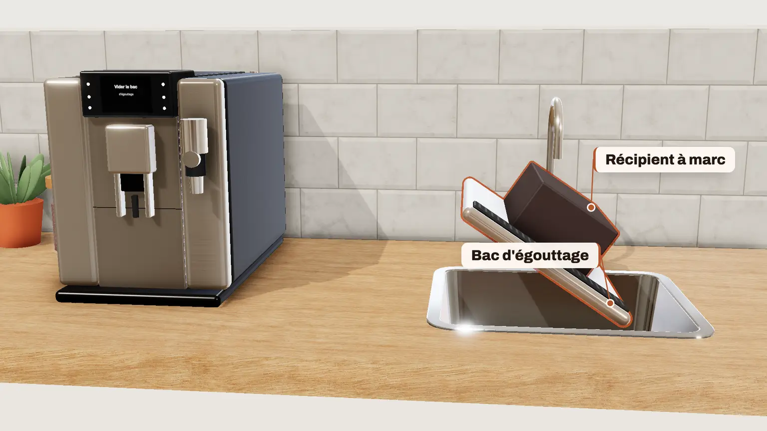 JURA E8 en 3D, étape 3 du détartrage : « Vider le bac d'égouttage » : videz le bac d'égouttage et le récipient à marc de café, puis remettez-les en place