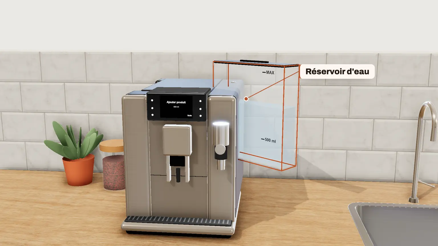 JURA E8 en 3D, étape 4 du détartrage : « Ajouter produit / 500 ml » : retirez le réservoir d'eau et videz-le