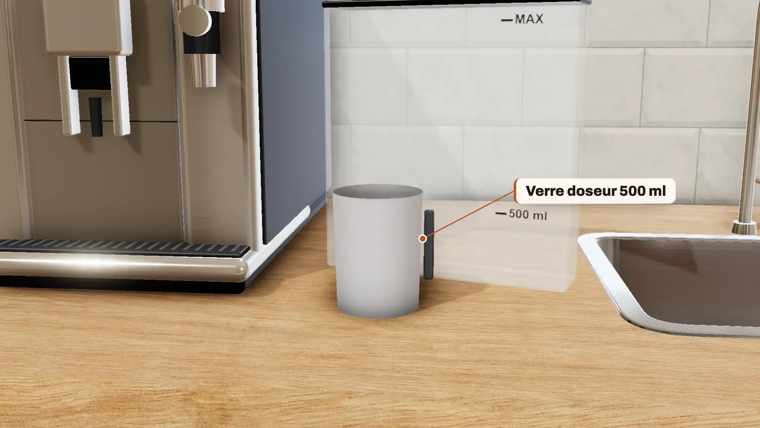 JURA E8 en 3D, étape 5 du détartrage : Dissolvez entièrement 3 tablettes de détartrage JURA dans un récipient contenant 500 ml d'eau