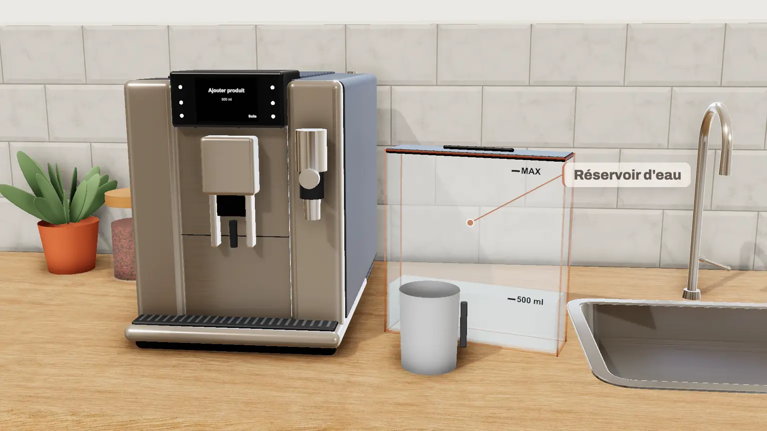 JURA E8 en 3D, étape 6 du détartrage : Versez la solution dans le réservoir vide et remettez-le en place