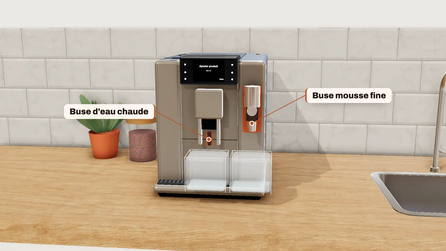 JURA E8 en 3D, étape 7 du détartrage : Placez un récipient sous la buse d'eau chaude et un autre sous la buse mousse fine