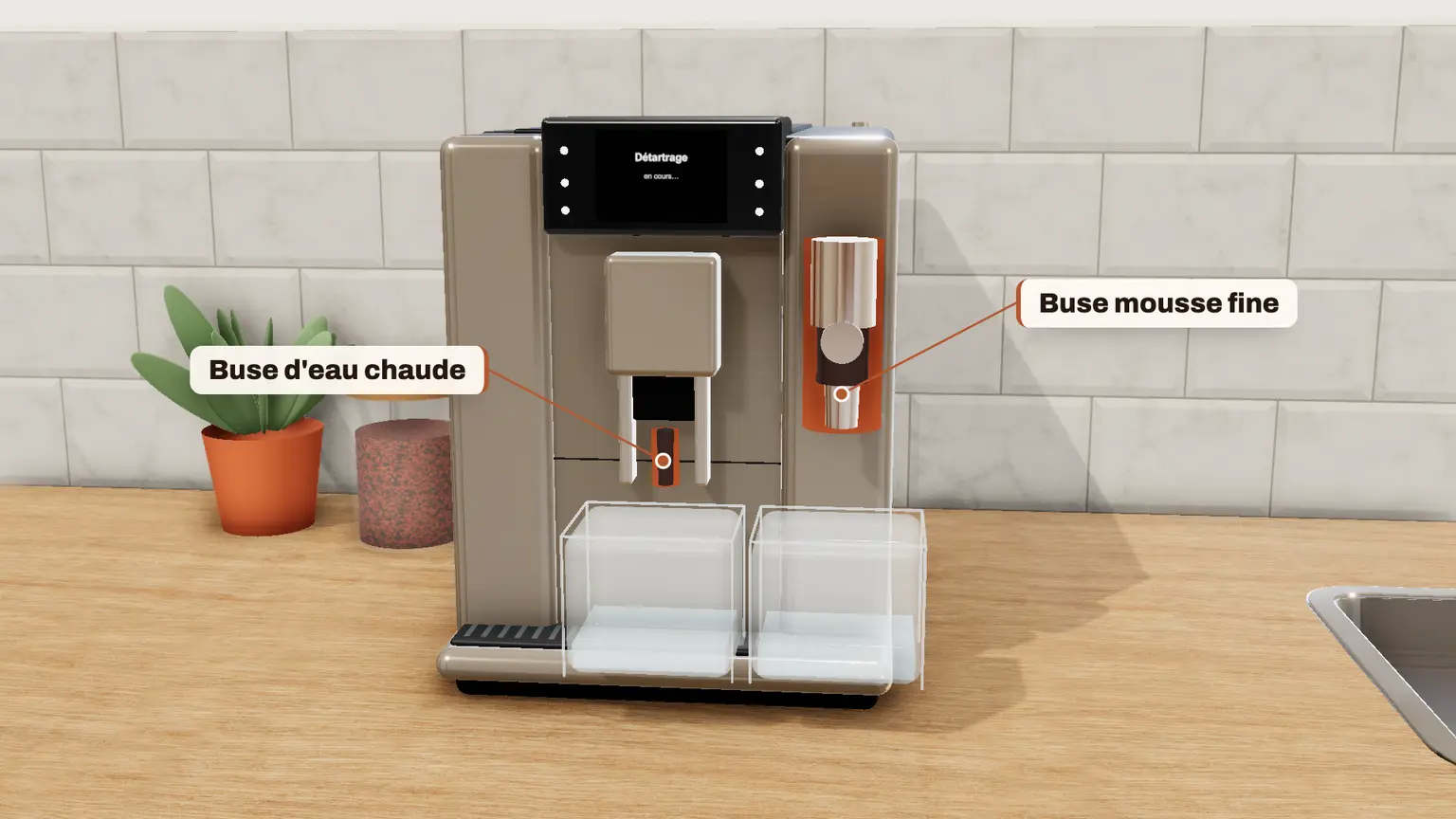 JURA E8 en 3D, étape 8 du détartrage : Appuyez sur la touche « Suite » : l'eau coule à plusieurs reprises des deux buses