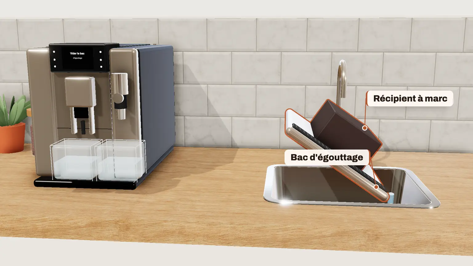 JURA E8 en 3D, étape 9 du détartrage : « Vider le bac d'égouttage » : videz le bac d'égouttage et le récipient à marc, puis remettez-les