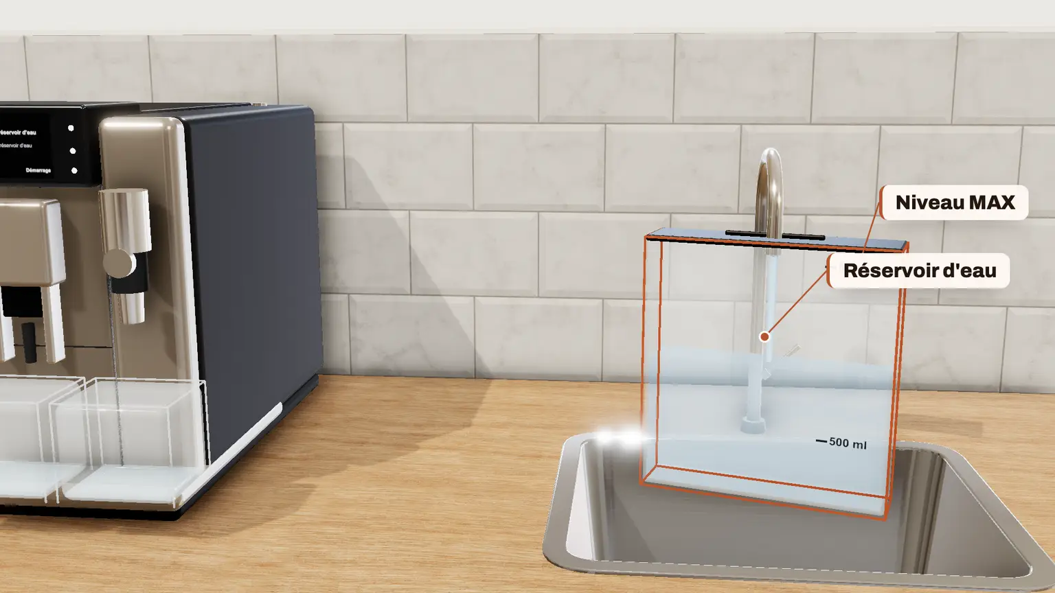 JURA E8 en 3D, étape 11 du détartrage : Retirez le réservoir, rincez-le soigneusement, remplissez-le d'eau fraîche et remettez-le en place