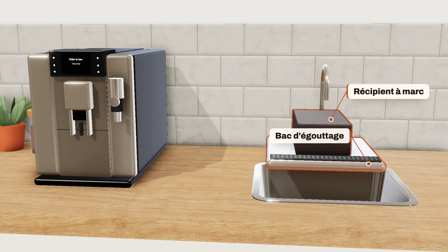 JURA E8 en 3D, étape 13 du détartrage : « Vider le bac d'égouttage » : videz le bac d'égouttage et le récipient à marc, puis remettez-les. Le détartrage est terminé