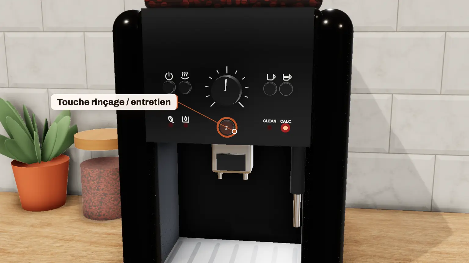 Krups Essential en 3D, étape 1 du détartrage : Quand le témoin CALC clignote, appuyez sur la touche rinçage/entretien