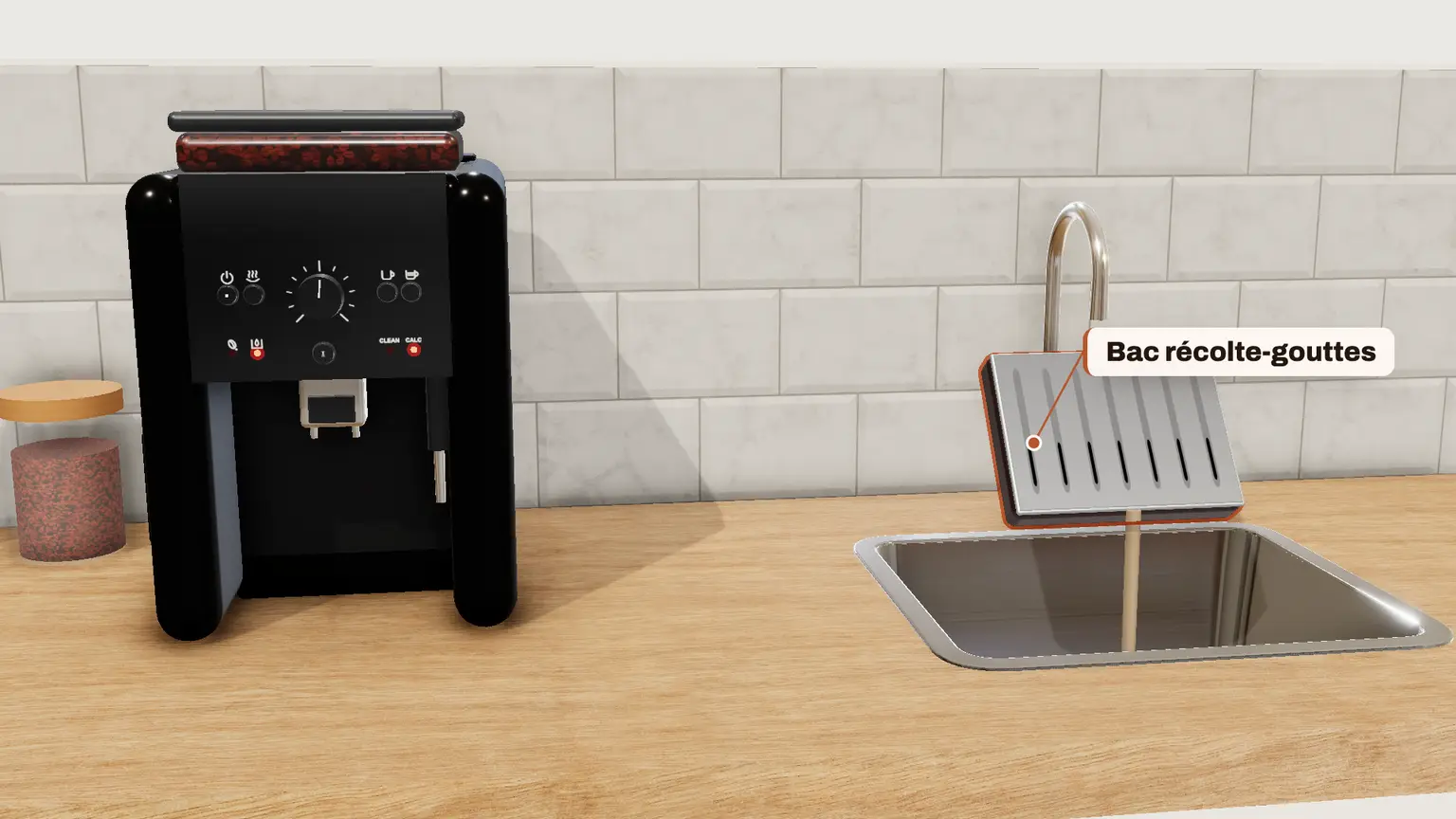 Krups Essential en 3D, étape 2 du détartrage : Enlevez et nettoyez le bac récolte-gouttes