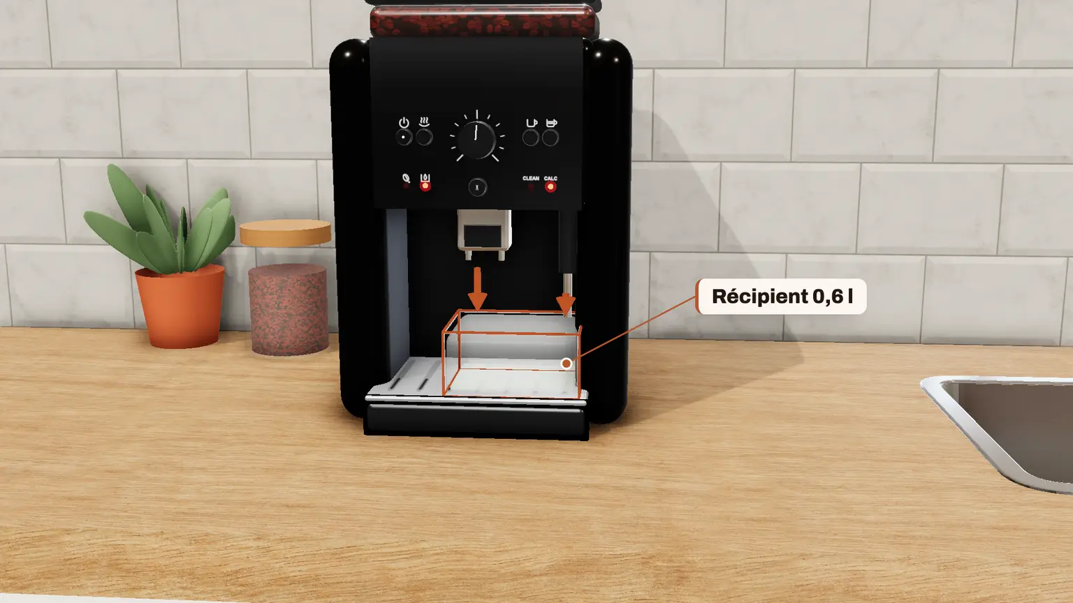 Krups Essential en 3D, étape 3 du détartrage : Placez un récipient d'au moins 0,6 litre sous les sorties café et sous la buse vapeur