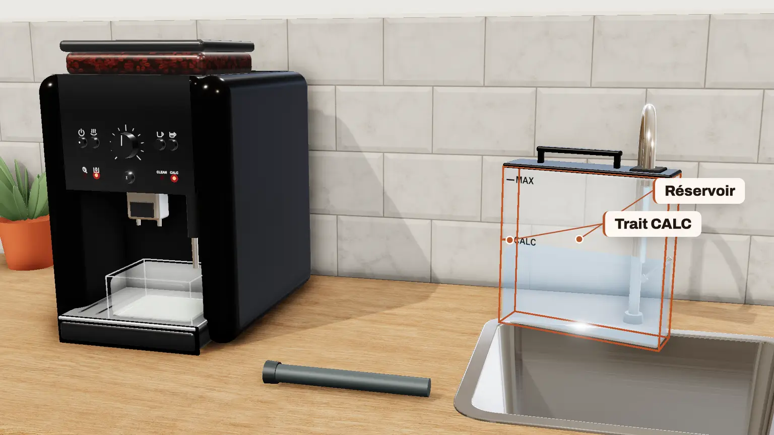 Krups Essential en 3D, étape 4 du détartrage : Videz le réservoir et remplissez-le d'eau tiède jusqu'au trait « CALC »