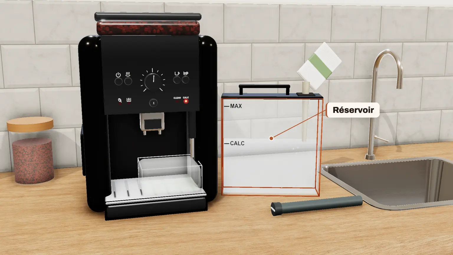 Krups Essential en 3D, étape 5 du détartrage : Faites dissoudre un sachet de détartrant Krups (40 g) F054 dans le réservoir