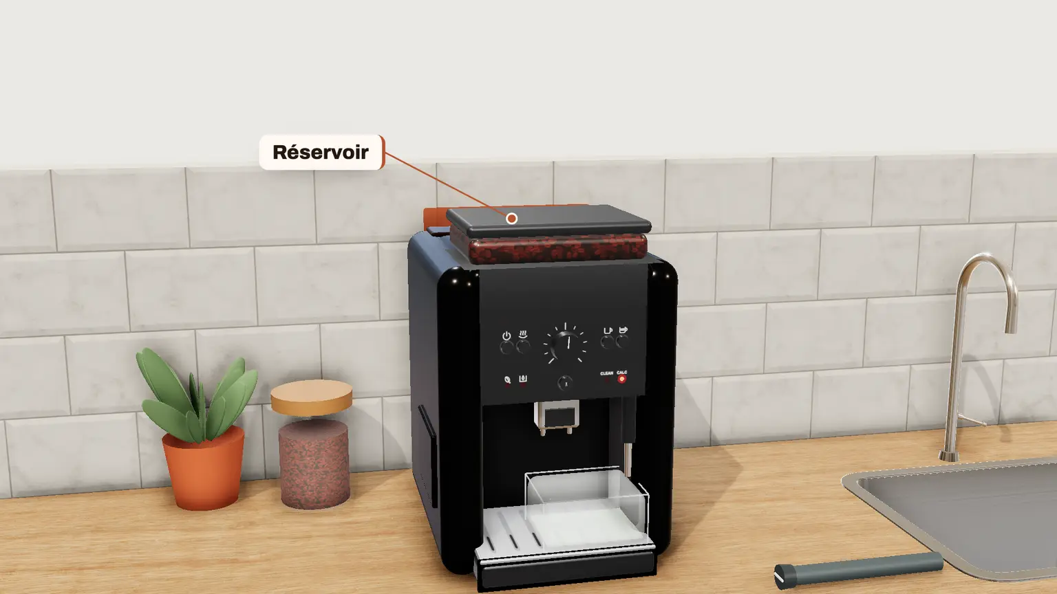 Krups Essential en 3D, étape 6 du détartrage : Replacez le réservoir : le voyant « remplir le réservoir d'eau » s'éteint
