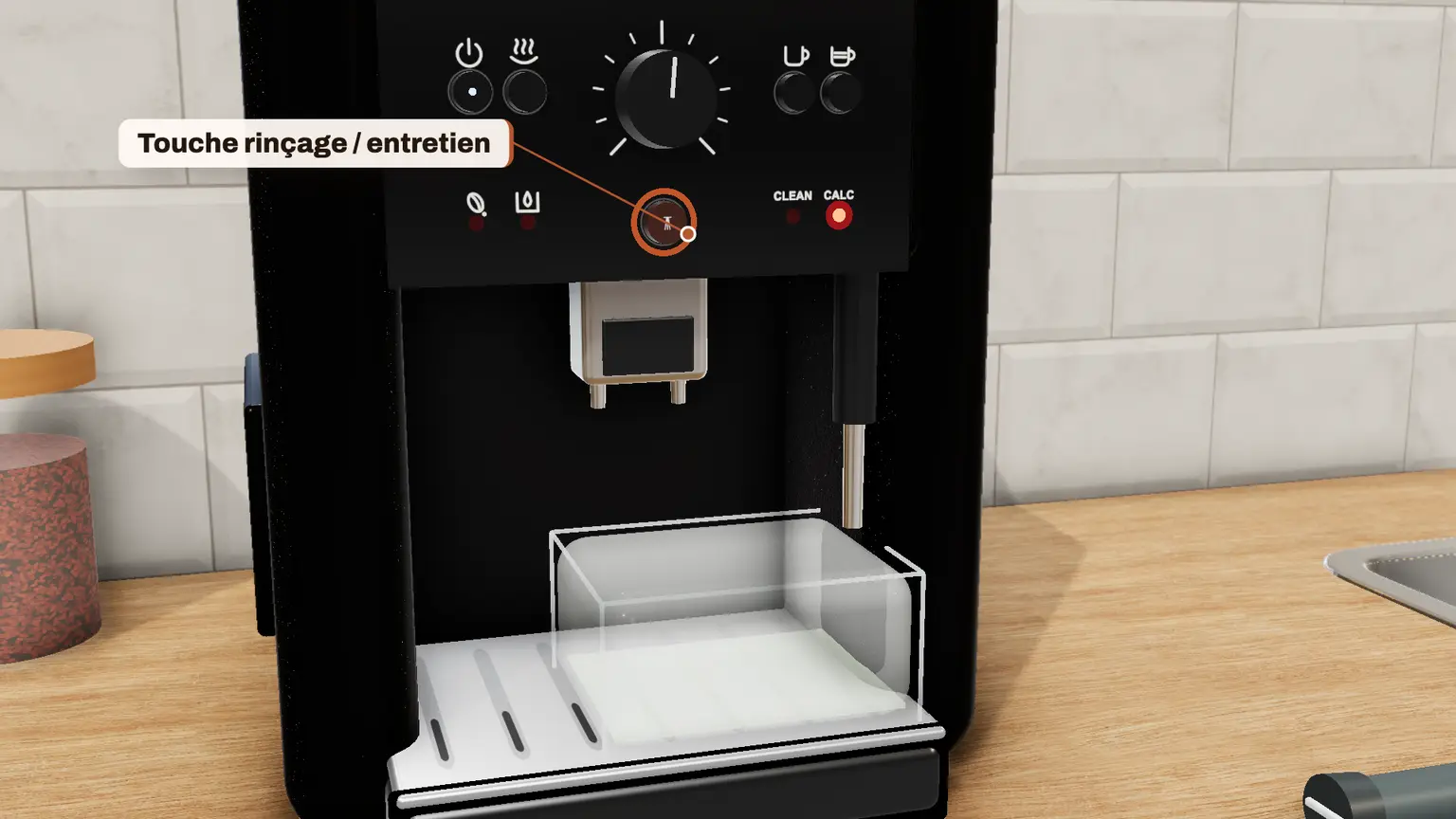 Krups Essential en 3D, étape 7 du détartrage : Appuyez sur la touche rinçage/entretien : la première phase démarre (environ 8 minutes)