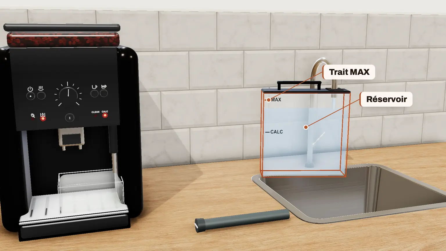 Krups Essential en 3D, étape 10 du détartrage : Remplissez le réservoir d'eau et remettez-le : le voyant « remplir le réservoir d'eau » s'éteint
