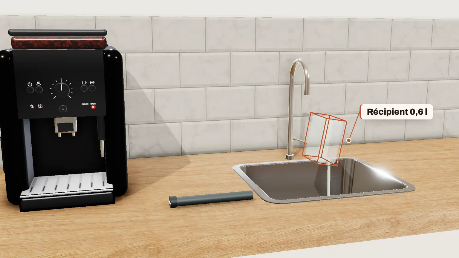 Krups Essential en 3D, étape 12 du détartrage : Au bip toutes les 10 secondes, enlevez et videz le récipient, puis remettez-le en place