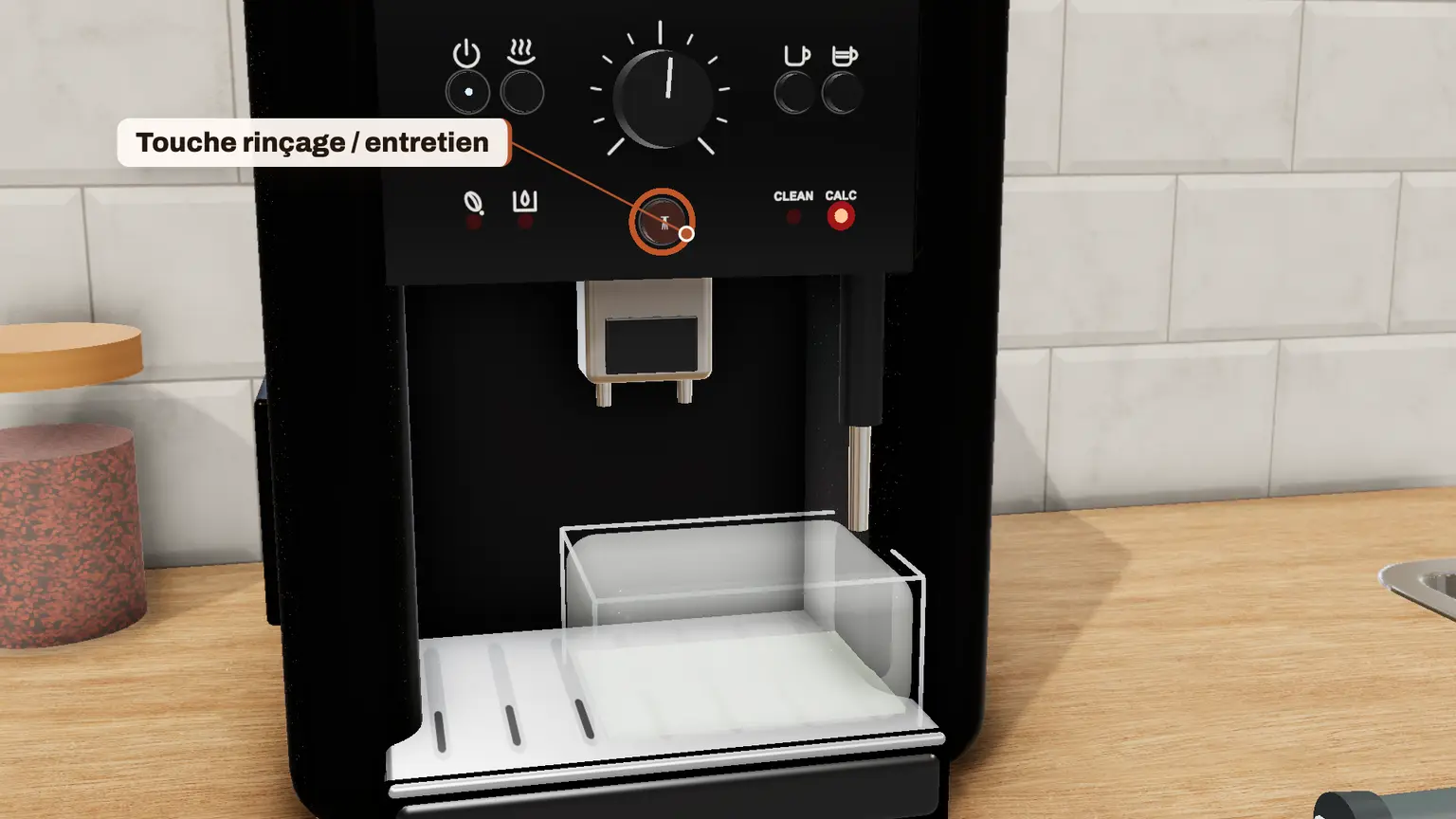 Krups Essential en 3D, étape 13 du détartrage : Appuyez de nouveau sur la touche rinçage/entretien : la phase finale démarre (environ 6 minutes)