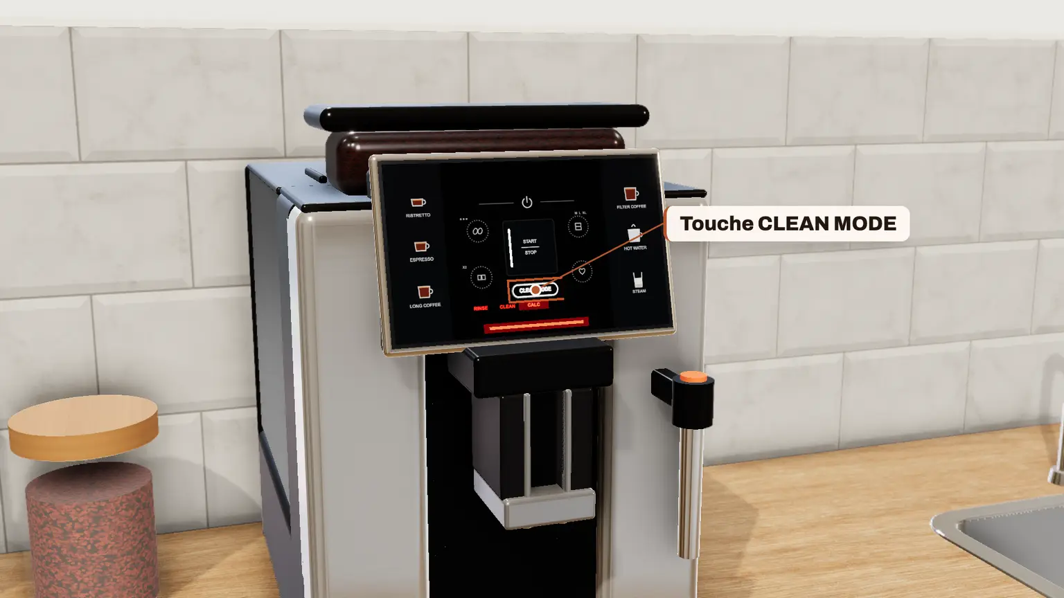 Krups Sensation en 3D, étape 1 du détartrage : Le voyant CALC est allumé en rouge fixe : appuyez sur Clean Mode jusqu'à sélectionner CALC