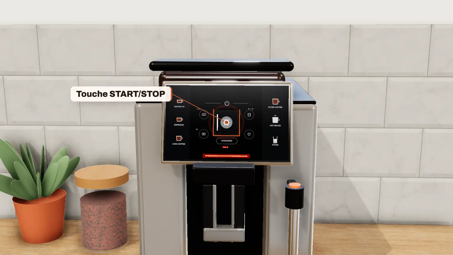Krups Sensation en 3D, étape 2 du détartrage : Appuyez sur Start/Stop pour confirmer le détartrage : CALC clignote