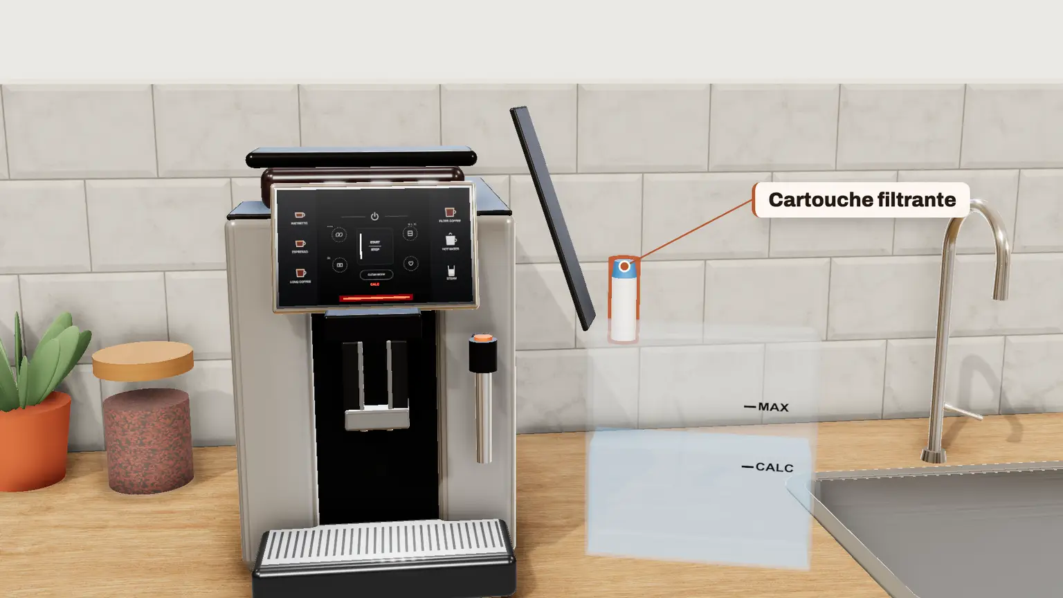 Krups Sensation en 3D, étape 3 du détartrage : Sortez le réservoir d'eau et retirez la cartouche Claris, s'il y en a une