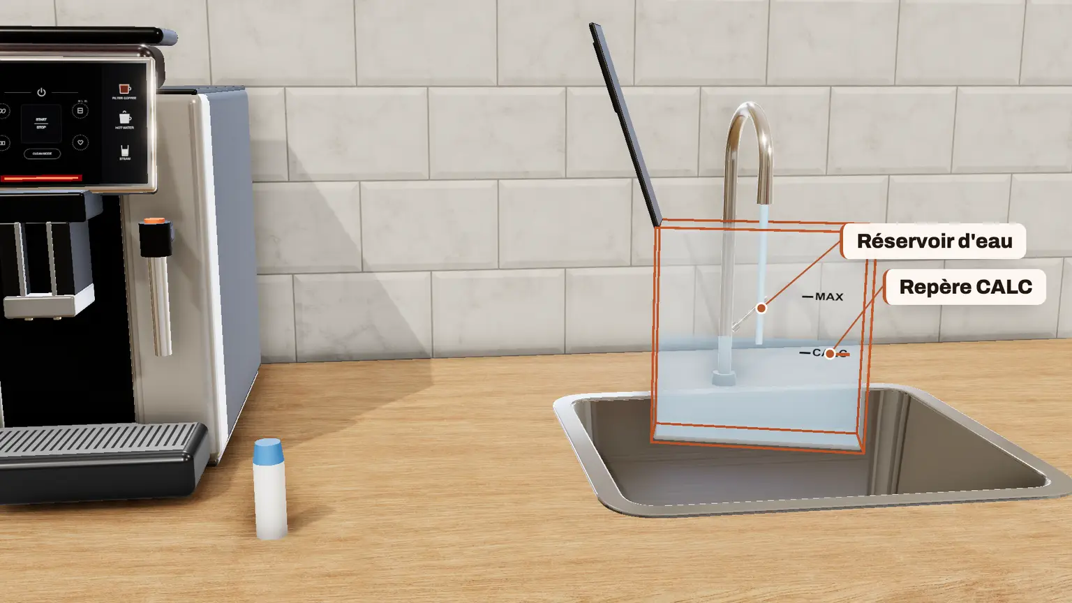 Krups Sensation en 3D, étape 4 du détartrage : Remplissez le réservoir d'eau tiède jusqu'au niveau CALC