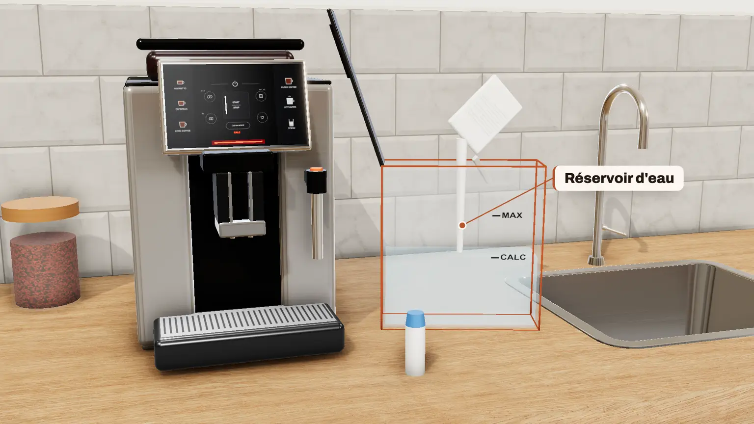 Krups Sensation en 3D, étape 5 du détartrage : Videz un sachet de détartrant KRUPS F054 dans le réservoir et mélangez